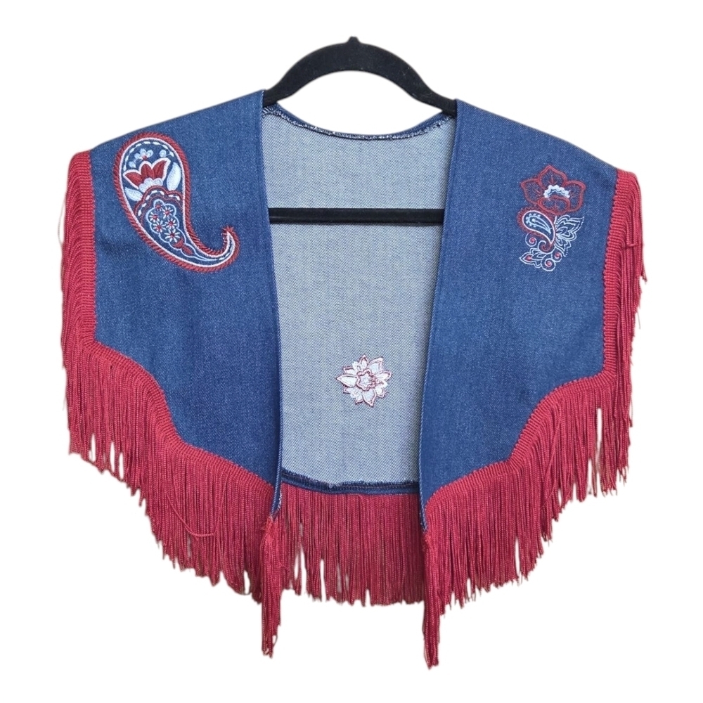 Vintage Denim Embroidered Fringe Western Cape Vest One Size